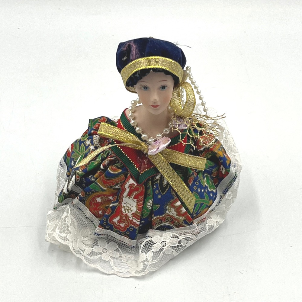 Vintage‎ Porcelain Half Doll Potpourri Sachet Victorian Lady Lace Navy Gold 4.5"